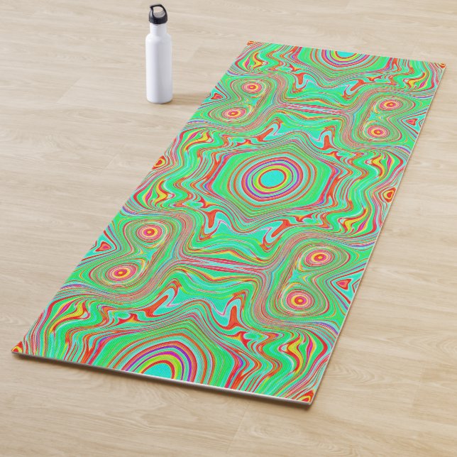 Retro Orange and Lime Green Abstract Pattern Yoga Mat (In Situ)