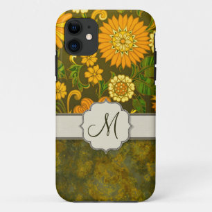 Retro Orange and Olive Jungle Floral with Monogram iPhone 11 Case