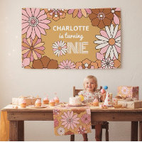 Retro Orange and Pink Floral Daisy First Birthday