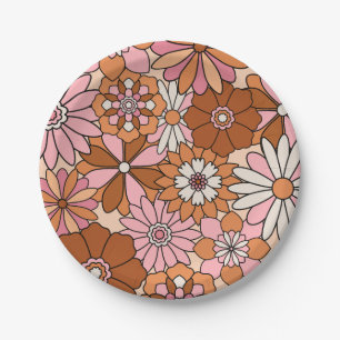 Retro Orange and Pink Floral Daisy Paper Plate