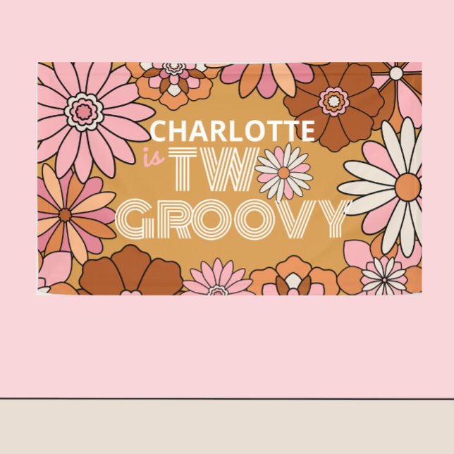 Retro Orange and Pink Floral Two Groovy Birthday Banner (Creator Uploaded)