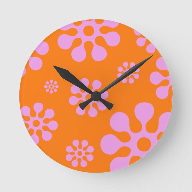 Retro Orange And Pink Floral Wall Clock (Front)