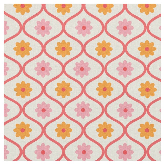 Retro Orange and Pink flowers on Ogee Pattern Fabric (Close Up)