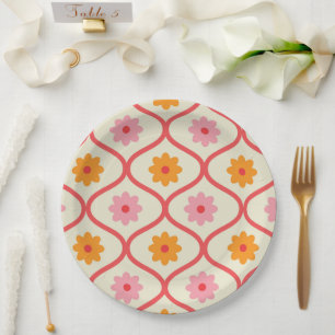 Retro Orange and Pink flowers on Ogee Pattern Paper Plate