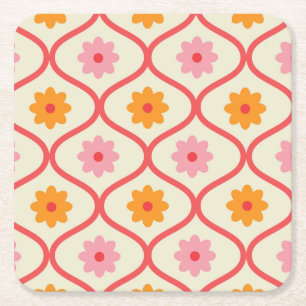 Retro Orange and Pink flowers on Ogee Pattern Square Paper Coaster