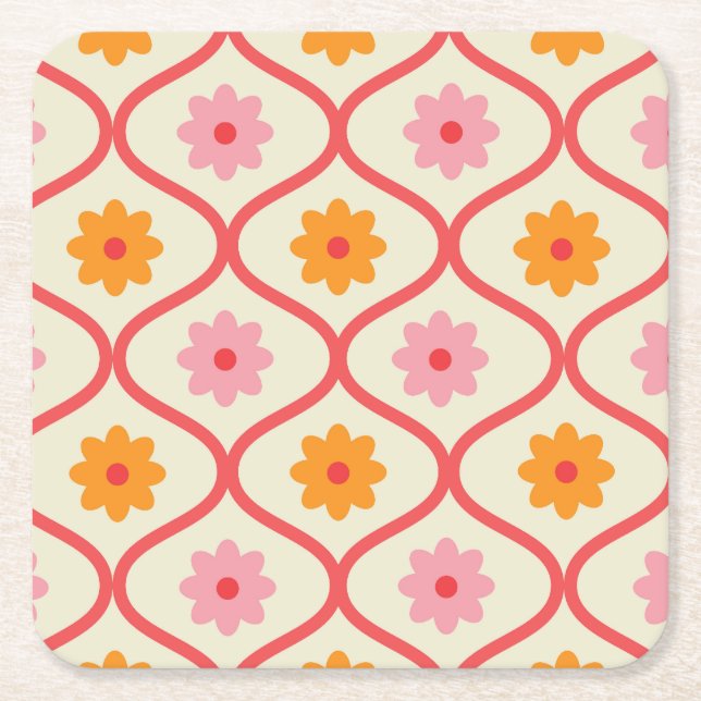 Retro Orange and Pink flowers on Ogee Pattern  Square Paper Coaster (Front)