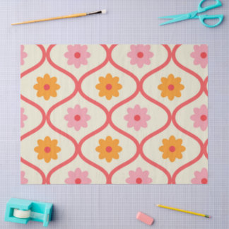 Retro Orange and Pink flowers on Ogee Pattern  Tissue Paper