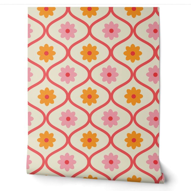 Retro Orange and Pink flowers on Ogee Pattern  Wallpaper (Unrolling)