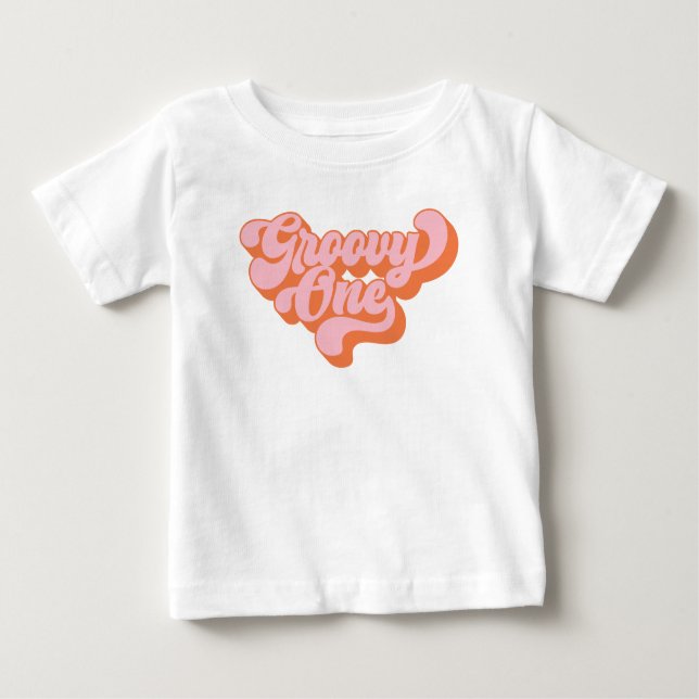 Retro Orange and Pink Groovy One Baby T-Shirt (Front)