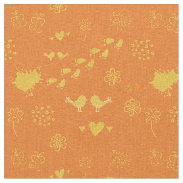Retro orange and yellow pattern of birds, dots,  fabric (Close Up)