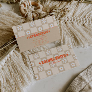 Retro Orange Beige Checkered Groovy Floral Boho Business Card