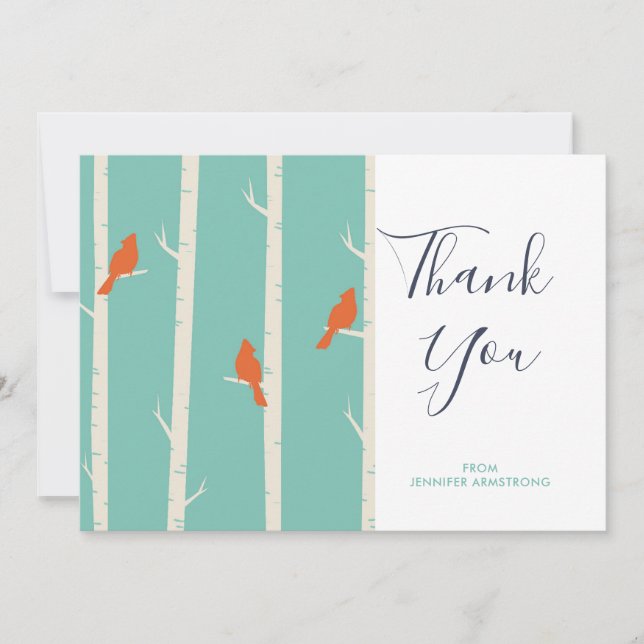 Retro Orange Birds on Birch Tree Thank You Card (Front)