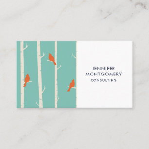 Retro Orange Birds on Birch Trees Illustration Business Card