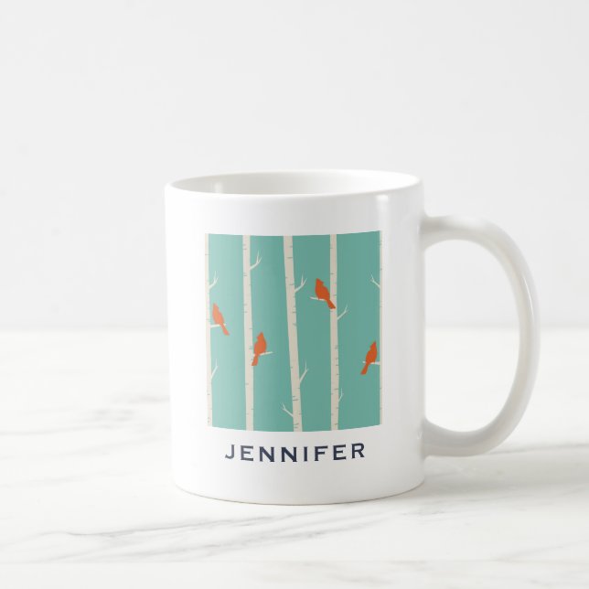 Retro Orange Birds on Birch Trees Illustration Coffee Mug (Right)