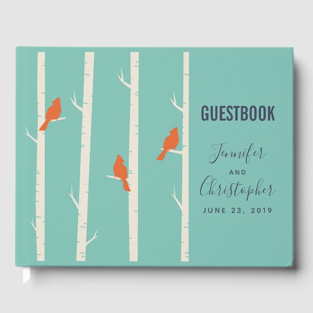 Retro Orange Birds on Birch Trees Illustration Guest Book (Front)