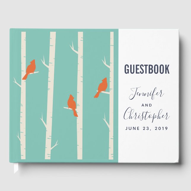 Retro Orange Birds on Birch Trees Illustration Guest Book (Front)