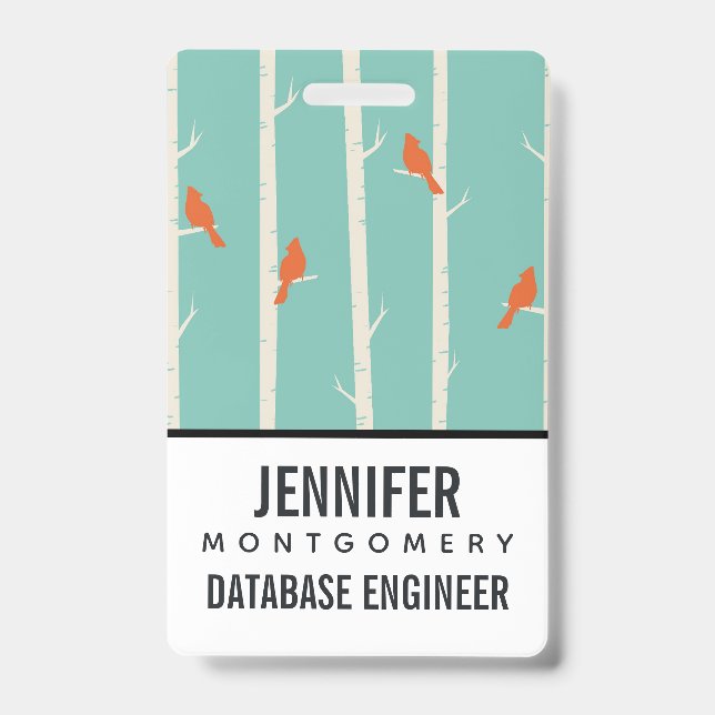 Retro Orange Birds on Birch Trees Illustration ID Badge (Front)