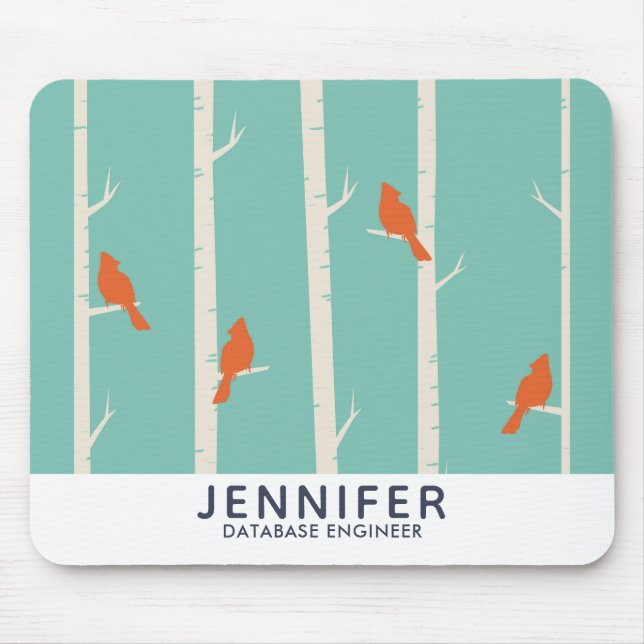 Retro Orange Birds on Birch Trees Illustration Mouse Pad (Front)