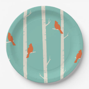 Retro Orange Birds on Birch Trees Illustration Paper Plate