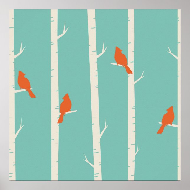 Retro Orange Birds on Birch Trees Illustration Poster (Front)