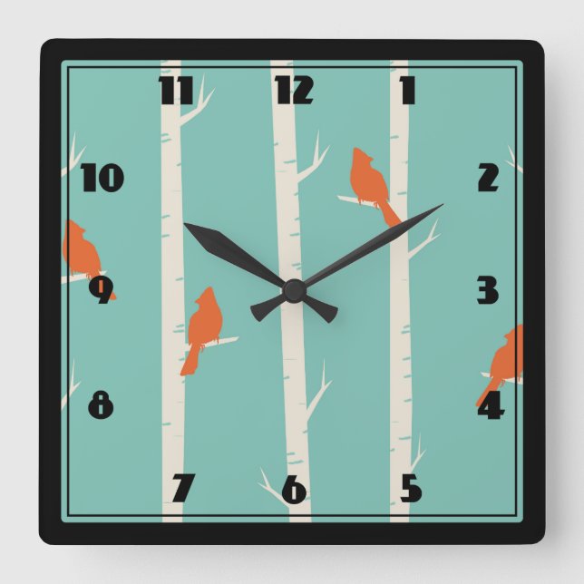 Retro Orange Birds on Birch Trees Illustration Square Wall Clock (Front)