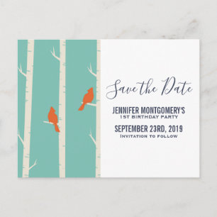 Retro Orange Birds on Birch Trees Save the Date Postcard