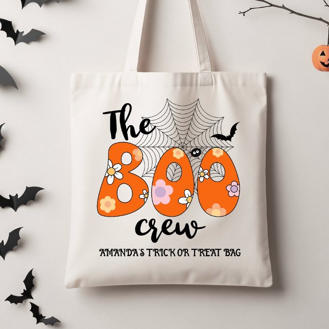 Retro Orange Black Boo Crew Trick Or Treat Tote Bag (Retro The Boo Crew Halloween Tote bag, Kids Halloween Tote, Groovy Halloween Trick Or Treat Tote)