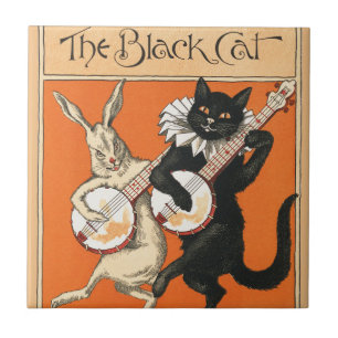 Retro Orange Black Cat White Rabbit Banjo Art Ceramic Tile