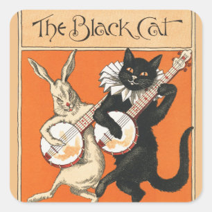 Retro Orange Black Cat White Rabbit Banjo Art Square Sticker