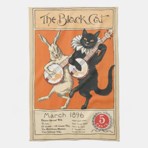 Retro Orange Black Cat White Rabbit Banjo Art Tea Towel