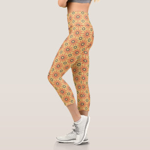 Retro Orange & Black Cute Abstract Floral Pattern Capri Leggings