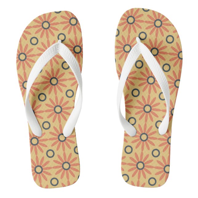 Retro Orange & Black Cute Abstract Floral Pattern Thongs (Footbed)