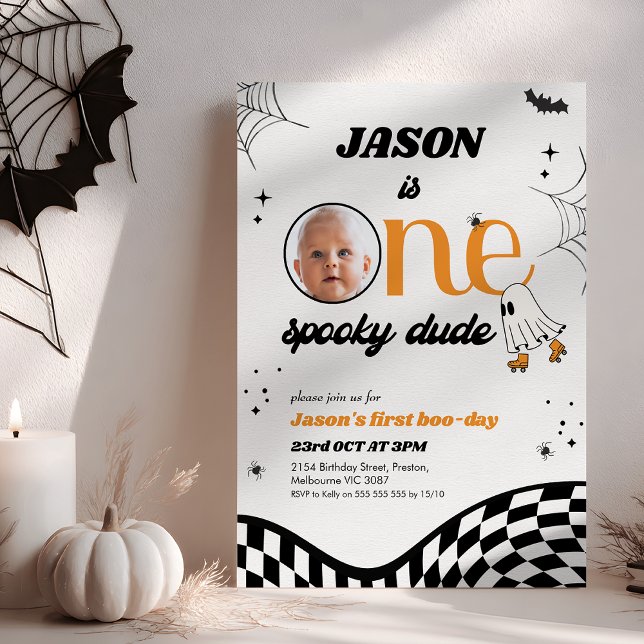 Retro Orange Black One Spooky Dude 1st Birthday Invitation (Retro One Spooky Dude 1st Birthday Invitation, Spooky One Halloween First Birthday Invitation)
