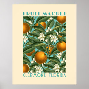 Retro Orange Blossom Fruit Market Blue Poster
