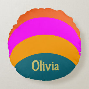 Retro Orange Blue and Magenta Name Text Template Round Cushion