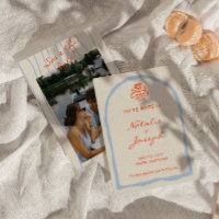 Retro Orange Blue Hand Drawn Trendy Wedding