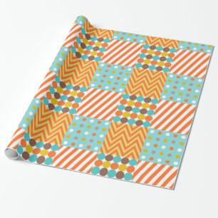 Retro Orange Blue Mustard Yellow Patchwork Pattern Wrapping Paper
