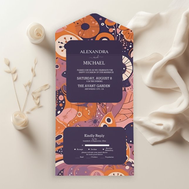 Retro orange blush pink purple groovy wedding all in one invitation (Creator Uploaded)