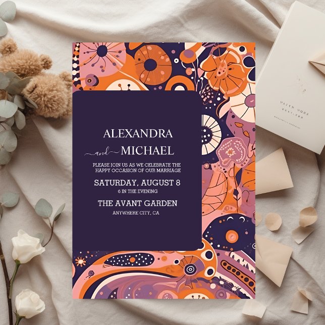 Retro orange blush pink purple groovy wedding invitation (Creator Uploaded)