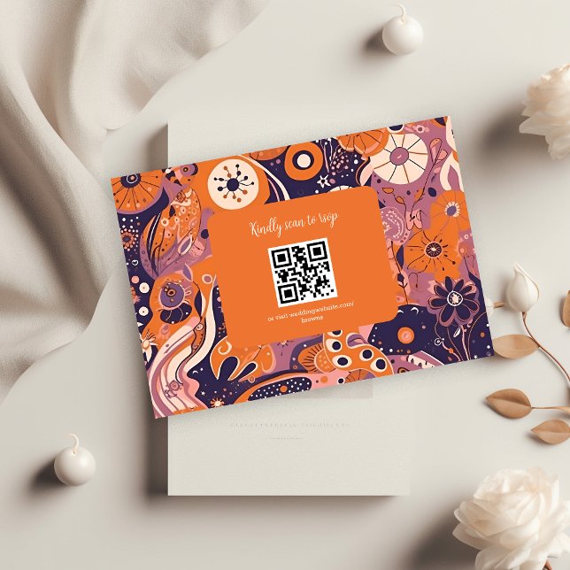 Retro orange blush pink purple groovy wedding RSVP card (Creator Uploaded)