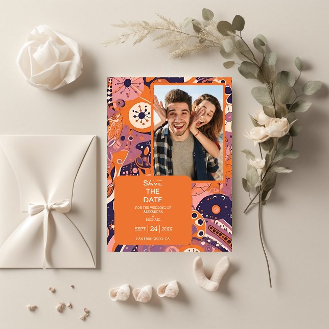 Retro orange blush pink purple groovy wedding save the date (Creator Uploaded)