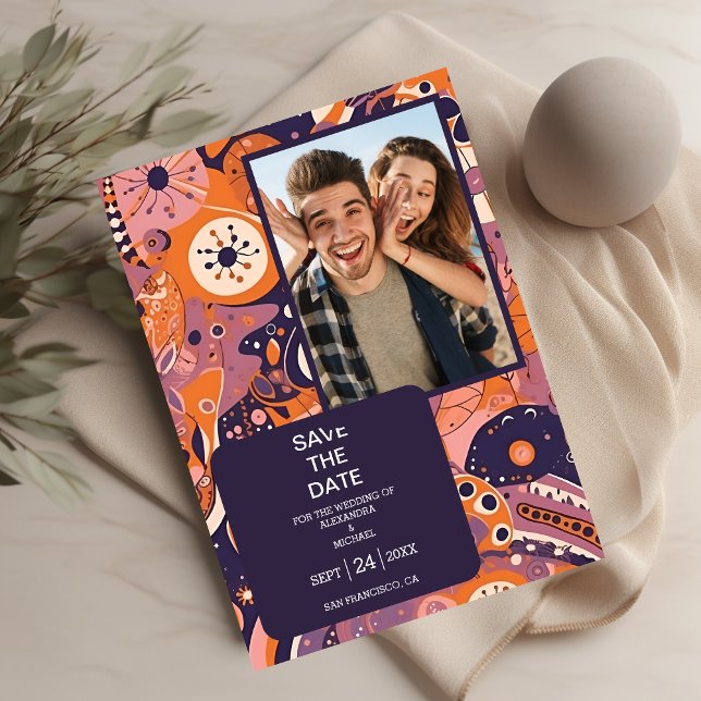 Retro orange blush pink purple groovy wedding save the date (Creator Uploaded)