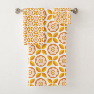 Retro Orange Blush Pink Yellow Floral Pattern Bath Towel Set