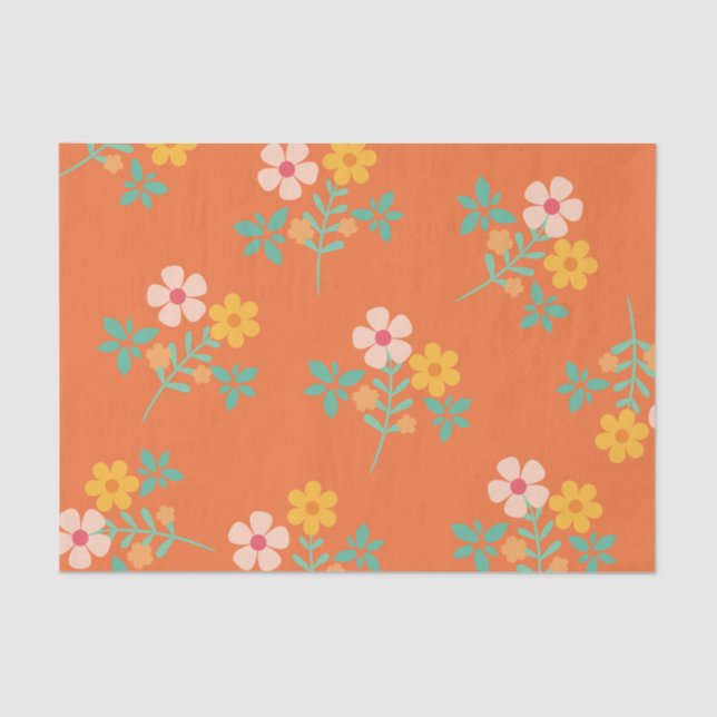Retro Orange Boho Daisy Bouquet Pattern  Tissue Paper (Front)