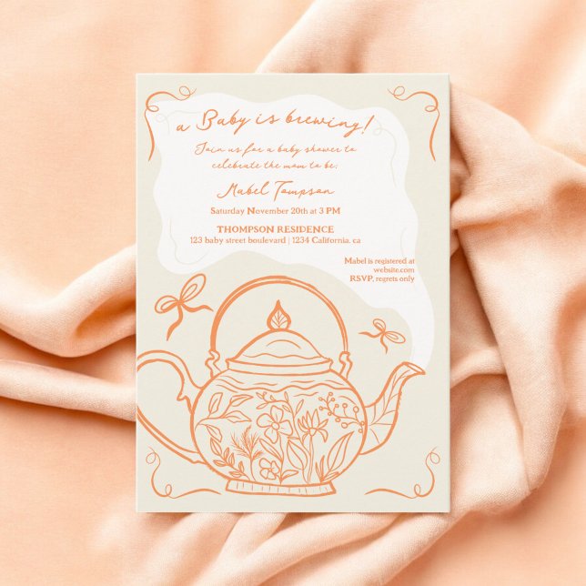 Retro orange bows teapot baby is brewing shower invitation (Retro orange bows teapot baby is brewing shower invitation)