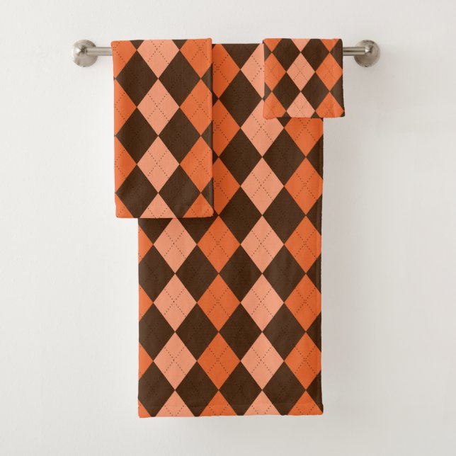 Retro Orange & Brown Autumn Argyle Bath Towel Set (Insitu)