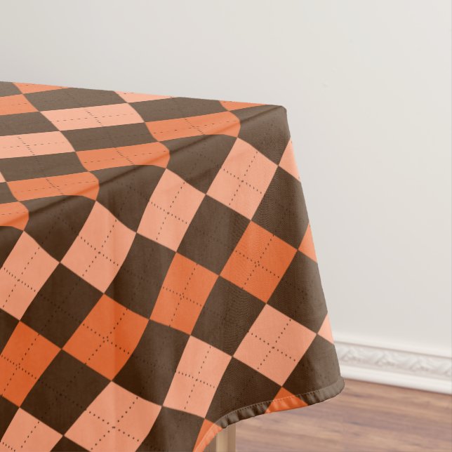 Retro Orange & Brown Autumn Argyle Tablecloth (In Situ)