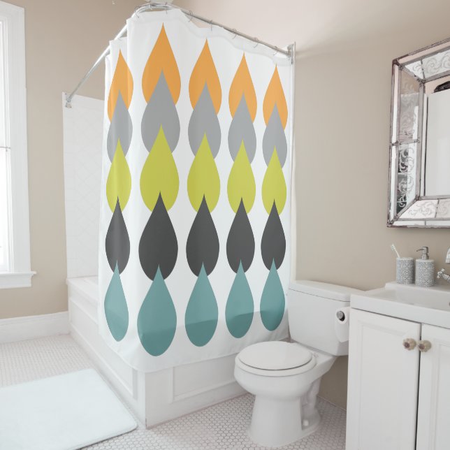Retro Orange, Chartreuse, Aqua Bold Raindrop Geo Shower Curtain (In Situ)