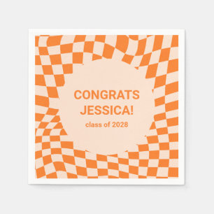 Retro Orange Checkerboard Graduation Party Custom Napkin