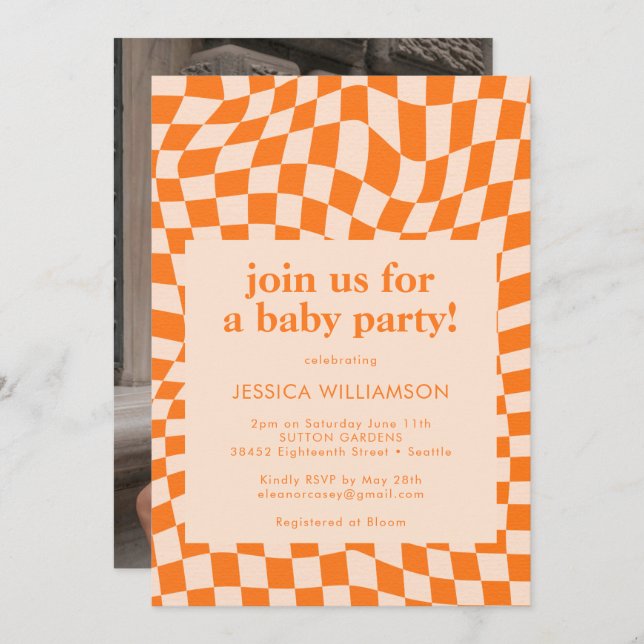 Retro Orange Chequerboard Baby Shower Photo Invitation (Front/Back)